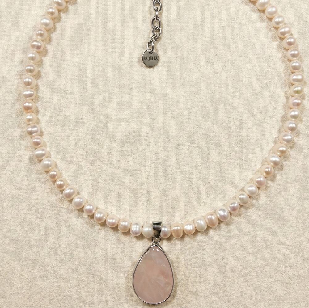 Rimor Genuine Freshwater Pearl Necklace Rose Quartz Pendant 15-17.5 in